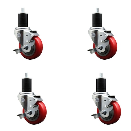 Service Caster 3.5'' Red Poly Swivel 1-3/4'' Expanding Stem Caster Set with Brake, 4PK SCC-EX20S3514-PPUB-RED-TLB-134-4